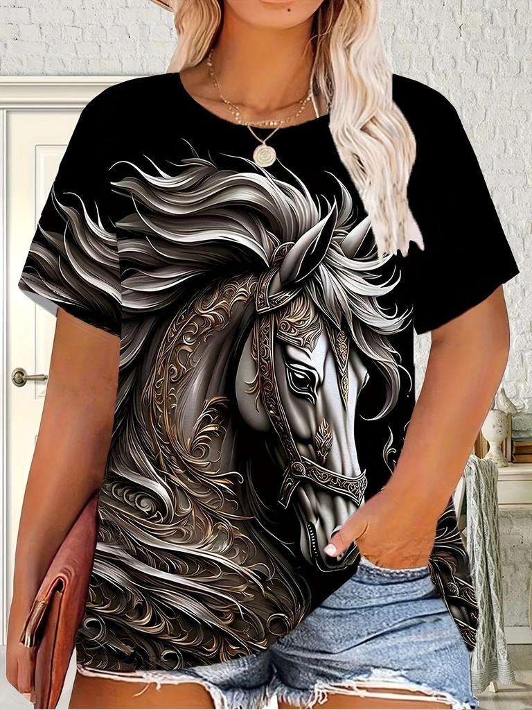 Summer New Horse Animal T-Shirts 3D Print Women's Round Neck Short Sleeve T Shirt Casual Tees Harajuku Y2K Tops Female Clothing