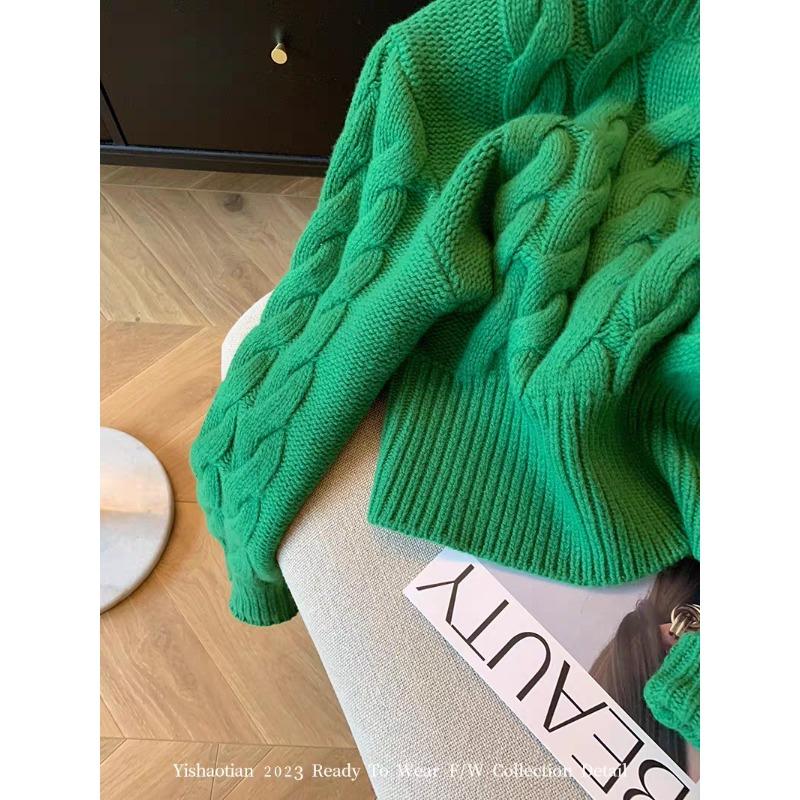 Thickened! Green twist crew neck sweater women's autumn and winter new lazy outside loose knitted top