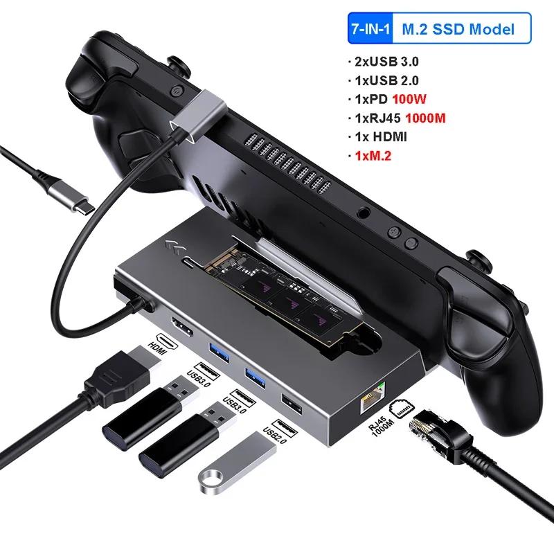 

7-в-1 USB-C док-станция для Steam Deck, Nintendo Switch, M.2 NVMe SATA, хаб HDMI 4K@60Hz, 1000M Gigabit Ethernet, 2*USB 3.0 7 in 1 NVMe SATA