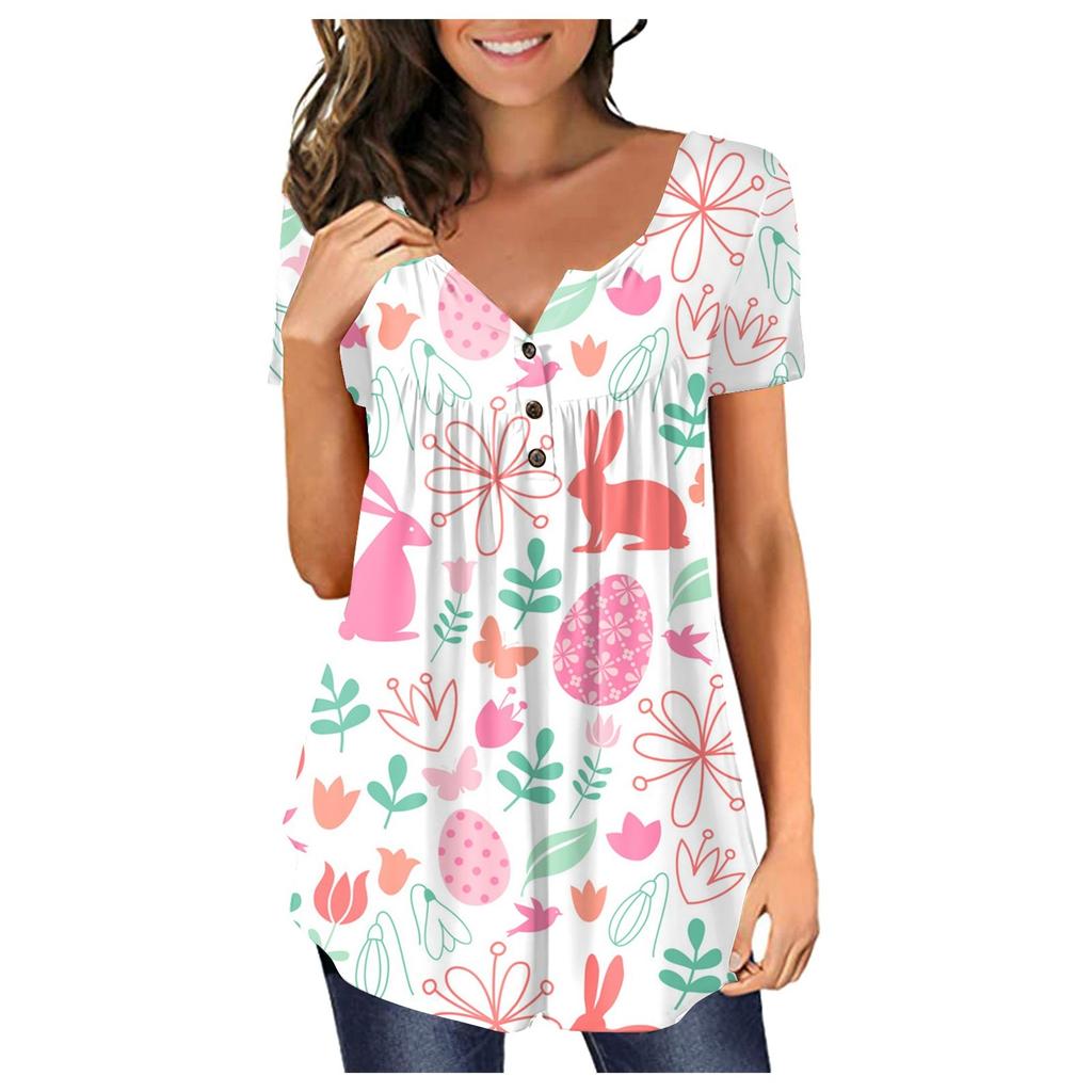 Women's Fashion  Easter  Printed Short Sleeve V-Neck Live Button Top