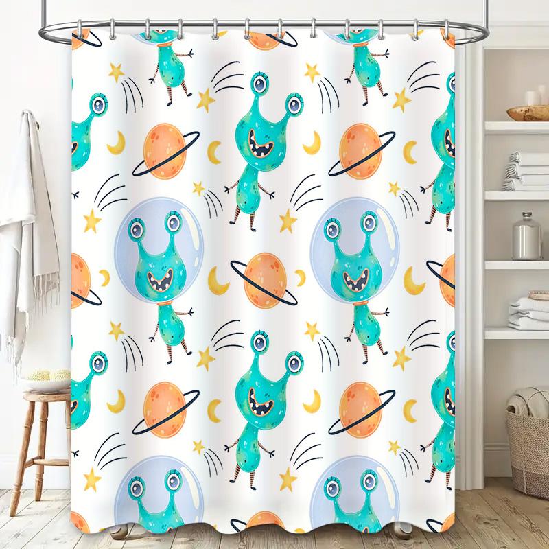 Space-themed shower curtain with cute monsters bathroom decor for kids room or home