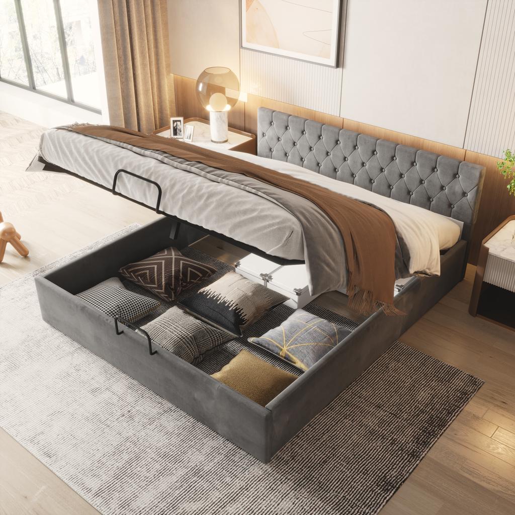 Velvet Upholstered Bed, 180*200cm, Buttoned Headboard, Double Bed, Hydraulic Bed with Storage, Slatted Frame, Gray[OLD SKU:29775960AAH]