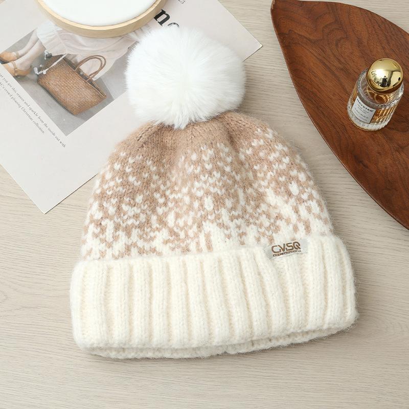 Korean Version of Autumn and Winter Hat for Women with Velvet Rabbit Wool Knitted Hat Wool Ball Cute Wool Hat Ear Protection Warm Pullover Hat