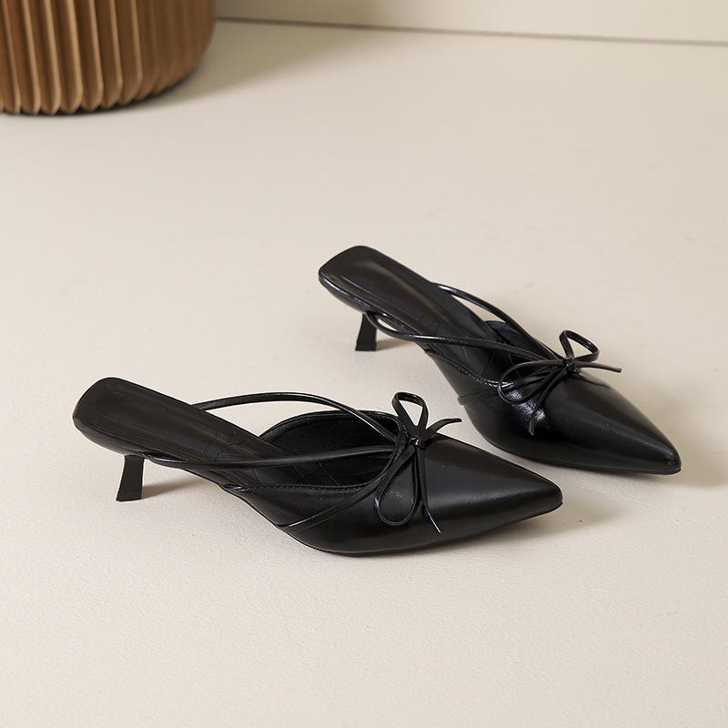 stiff heel bow bag head half slippers fairy shoes 2025 summer new French temperament large size half slippers woman