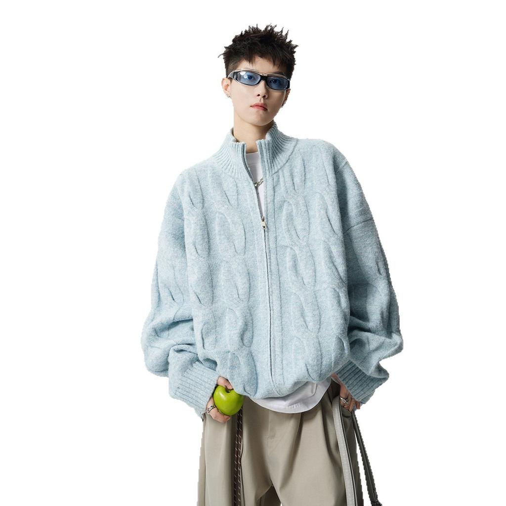 American solid color texture knitted cardigan jacket men's and women's autumn and winter new loose lazy style casual zipper sweater