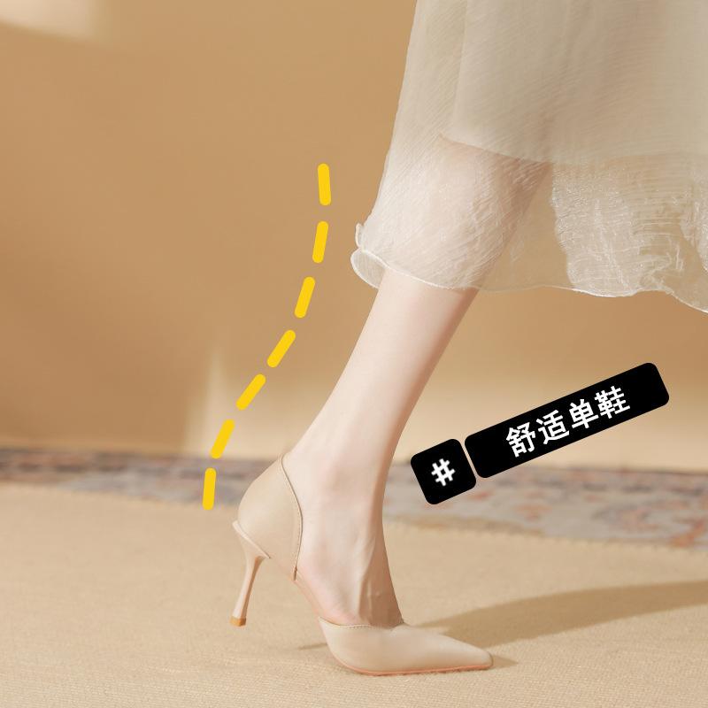 82319 [sheepskin] pointed high heels women's thin heels spring 2025 new French light mouth nude single shoes