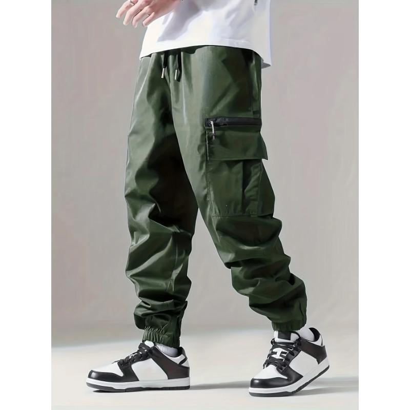 Men Drawstring Elastic Waist Zipper Pocket Cargo Pants Ankle Cuffed Jogger Casual Street Trousers