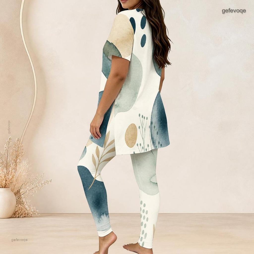 Women Plus Size Printed Round Neck Short Sleeve Longline Top Fitted Pants Two Piece Set