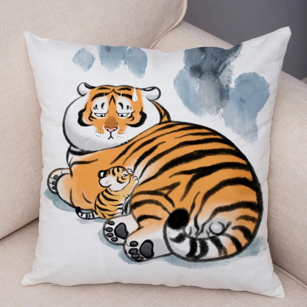 Chinese Ink Funny Fat Tiger Cushion Cover Decor Cute Cartoon Animal Soft Plush Pillow Case for Sofa Home Car Throw Pillowcase