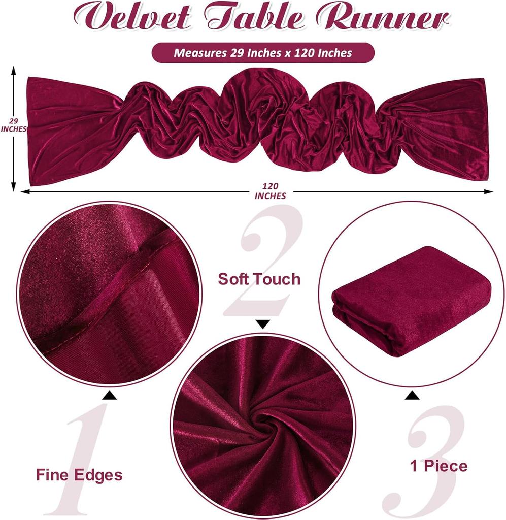 1Pc Burgundy Velvet Table Runner For Parties: 29X120 Inch Soft Dinner Luxury Table Runners - Wedding Reception Table Decorations