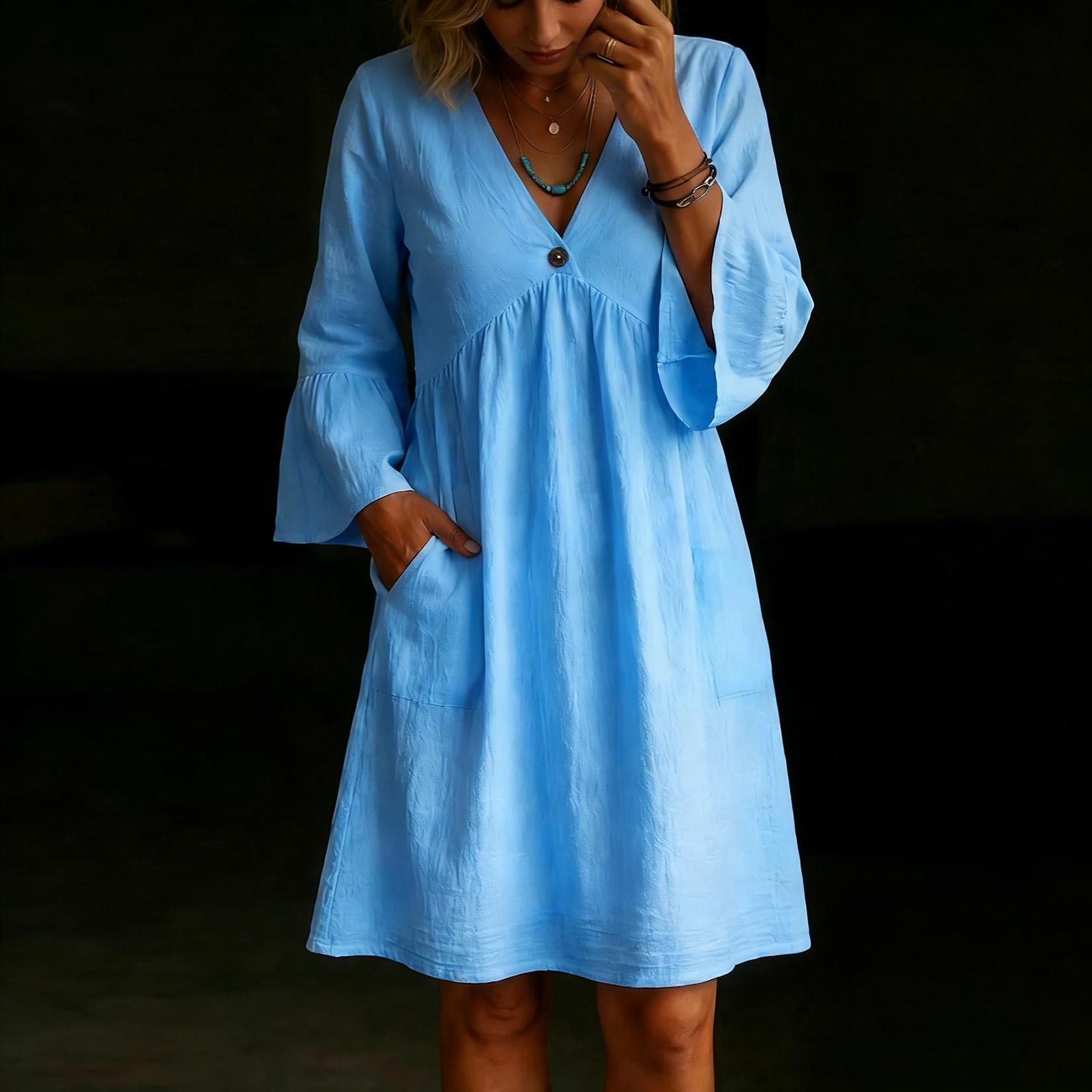 Women s Fashionable Color Loose Button V-neck Long Sleeved Loose Dress XXL