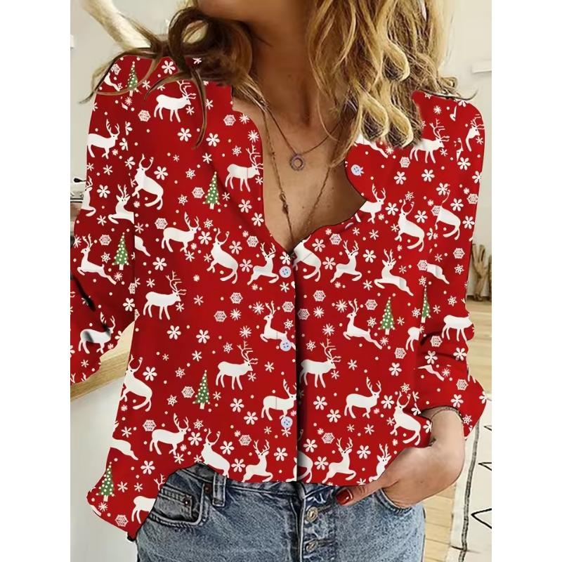 Christmas Women's Shirt Graphic Santa Claus Elegant Vintage Tropical Long Sleeve Shirt Collar Regular Tops Daily Holiday Winter
