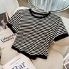 Women's Fashion Black Striped Summer Two-Piece Set: Casual Short-Sleeved Top and Wide-Leg Shorts