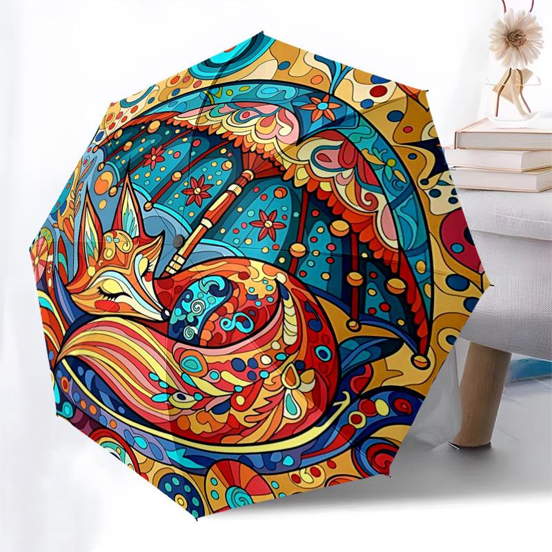 

1pc Colorful Fox Design Automatic Opening/Closing Umbrella with Foldable Design, 8-Bone Iron Frame, Outdoor, Perfect Gift for Fans, Travelers, Daily U