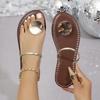 Women'S Fashion Gold Metallic Disc Decor Thong Flat Slide Sandals Minimalist Open Toe Casual Summer Beach Shoes For Daily Wear