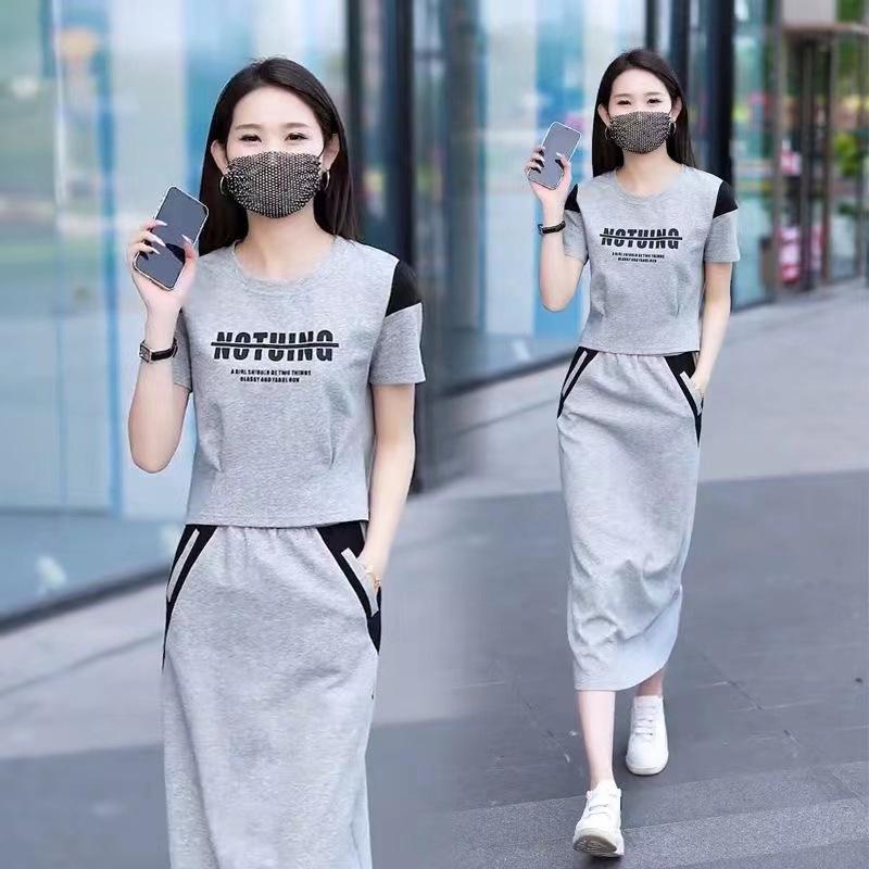 Damski Modny Letni Strój Casualowy: Zestaw dwuczęściowy: T-shirt z krótkim rękawem i spódnica midi