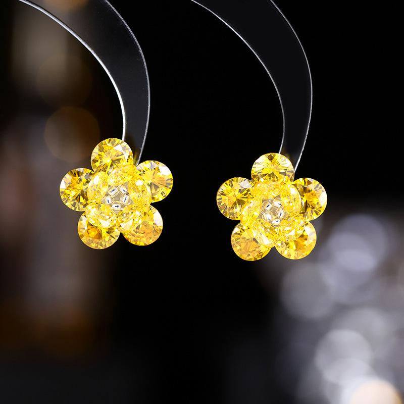 925 Silver Needle Flower Crystal Earrings, Korean Style High-End Zircon Studs, Sweet Dopamine Design for Women