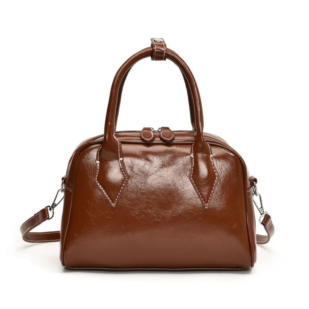 IELGY Handbag Niche Oil Wax Leather Boston Female Bag Fashion Commuter Bag