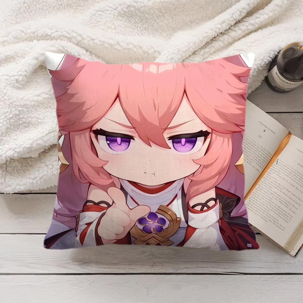 Yae Miko Cute Genshin Impact Cushion Cover Silky Short Plush Invisible Zipper Dustproof Sofa Pillow Case For Home Decor