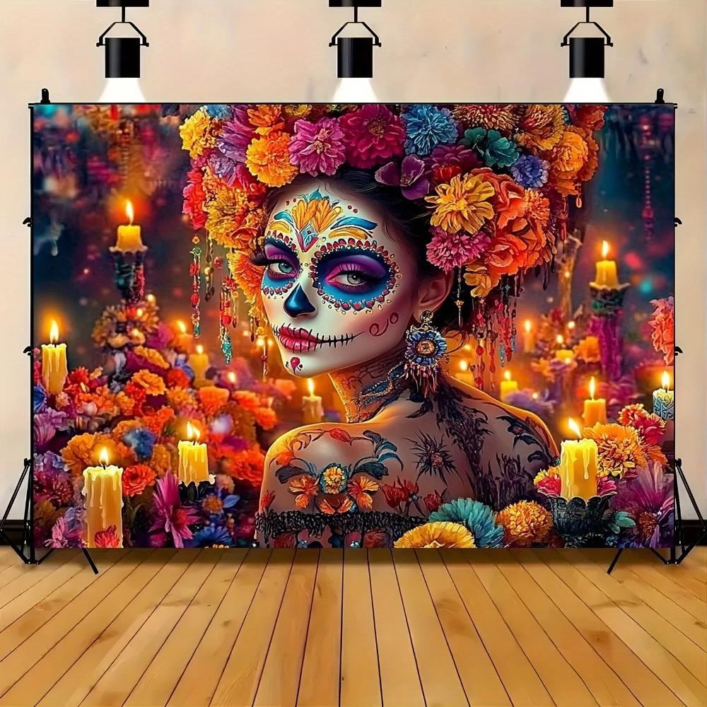 Sfondo Festa Giorno dei Morti Teschio e Fiori Cactus Candele Colorate Stendardo Decorazioni Sfondo Fotografico Oggetti di Scena