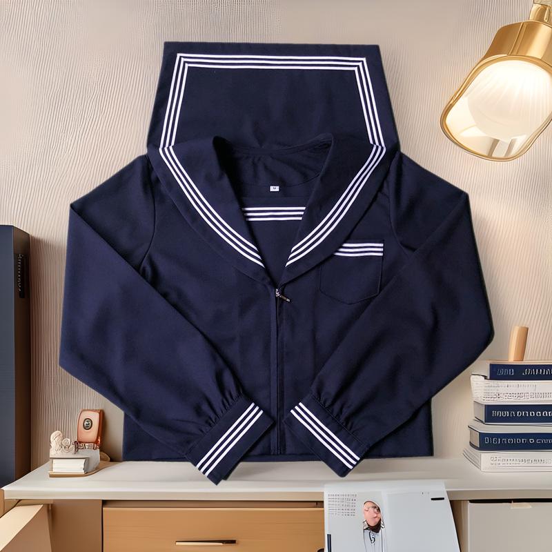 

Navy Blue Three-Bar Sailor Suit with Long Skirt for Female Students XXL