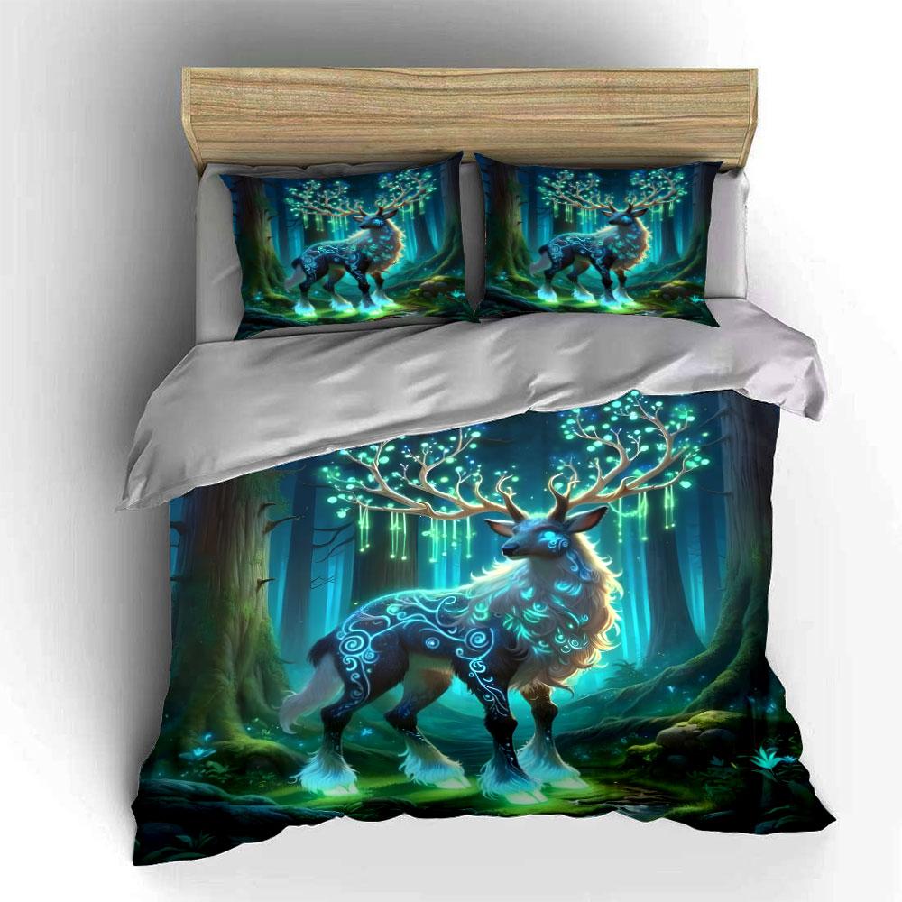 Mystical Glowing Deer In Forest Print Bedding Set 1 Duvet Cover 2 Pillowcases for Adult and Children Luxury Gift Full Size