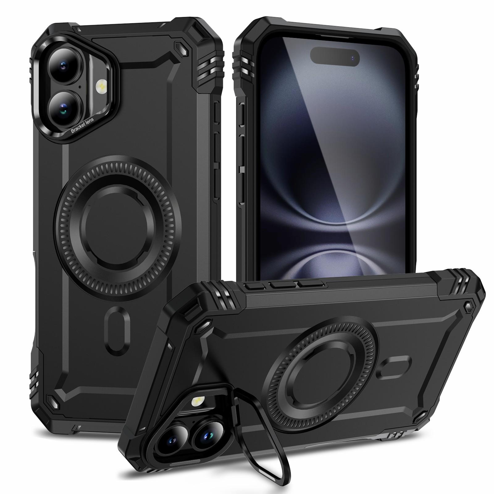 

For iPhone 16 Plus Magnetic Case Lens Kickstand PC+TPU Shockproof Phone Cover Black