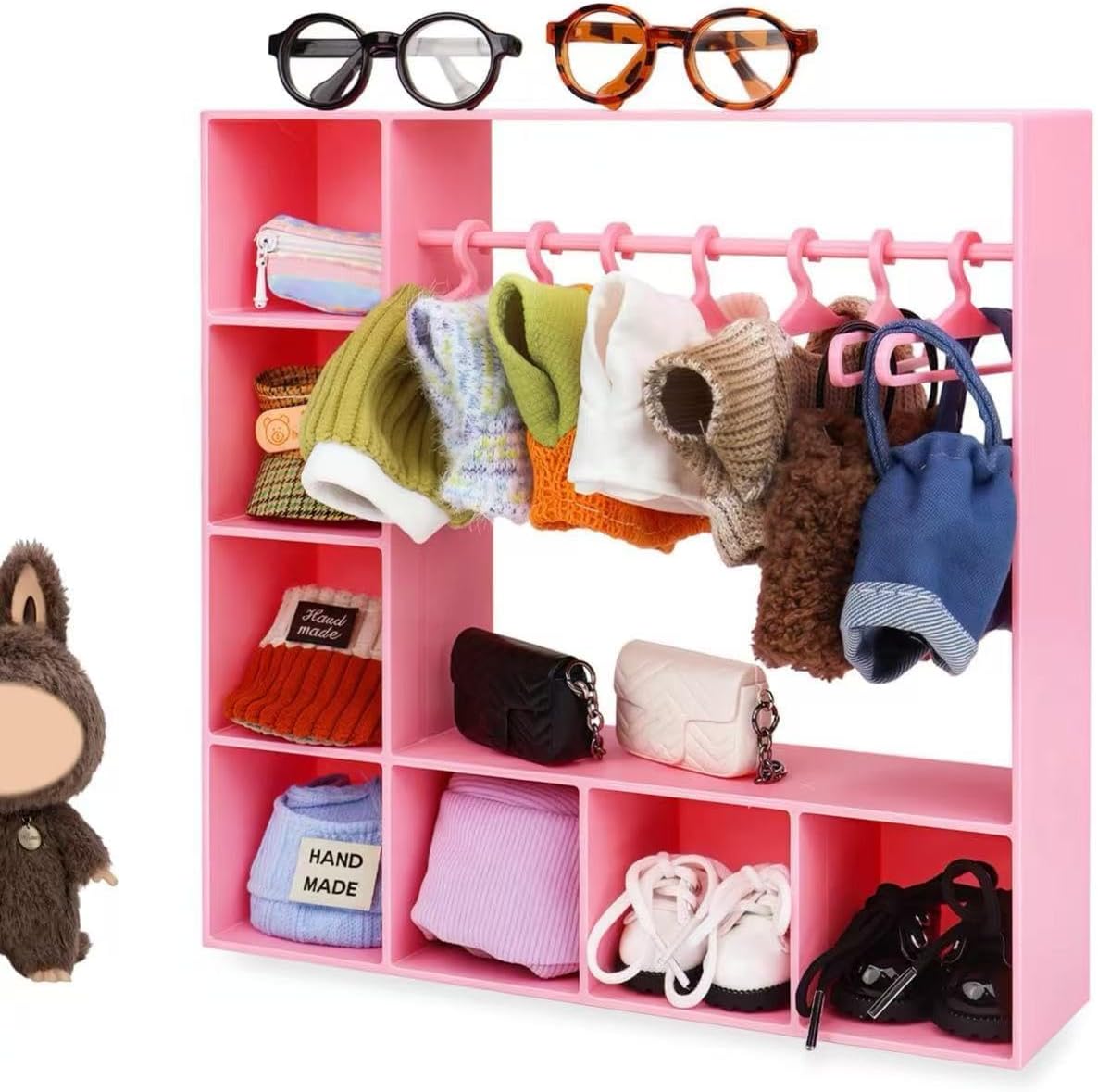 

Шкаф для кукольной одежды для Лабубу, Аксессуары для кукол для одежды Лабубу, Кукольный гардероб Аксессуары для кукольного домика для кукол 15/17 см Одежда с 10 вешалками розовый
