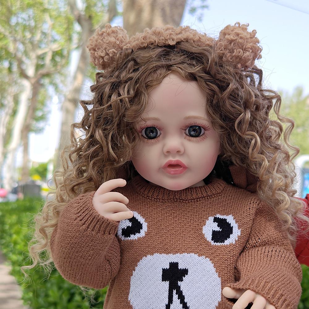 55cm Reborn Baby Doll Realistic Vinyl Girl Doll with Curly Hair Woolly Curls Cutie Knitted Outfit