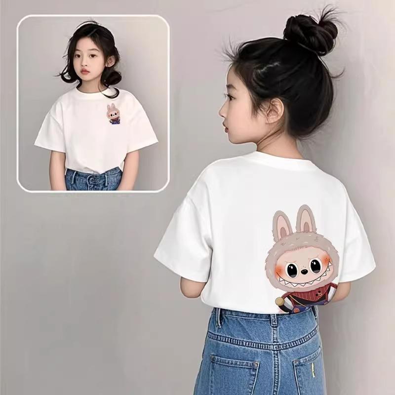 Cartoon Monster Elf Labubu Kids Adult Letter Printed T-shirt Summer Casual Women's Tees Top Girl and Boy Short Sleeve Clothing