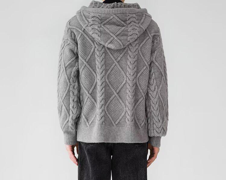 Men's Retro Cable Knit Hooded Cardigan - Autumn/Winter Thick, Trendy Loose Fit Outerwear
