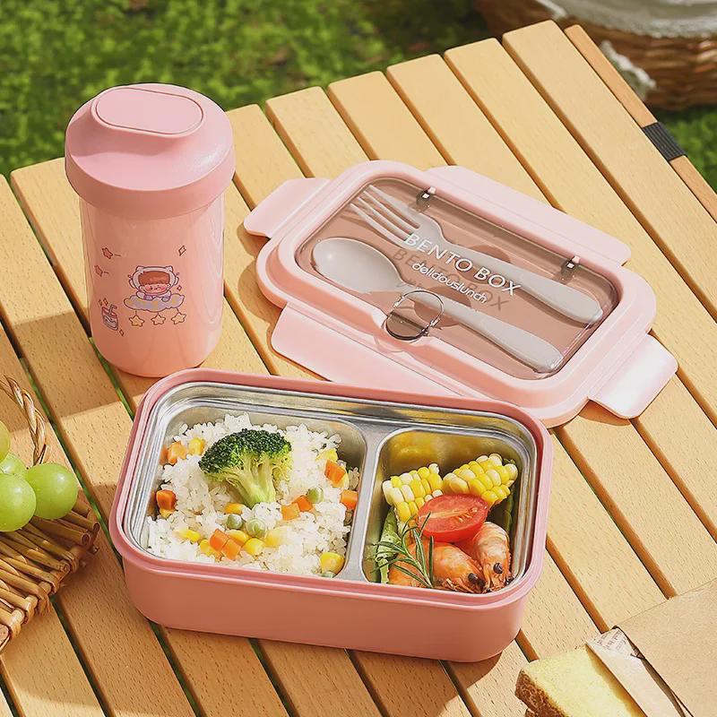 Nordic Style Stainless Steel Student Lunch Box with Compartments and Tableware