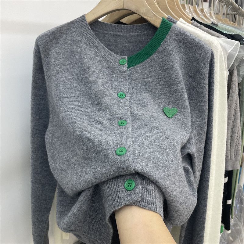 Spring and Autumn Literary and Retro Sweater Women's Long-sleeved Top Wearing Foreign Style Contrasting Colors Love Embroidered Knitted Cardigan