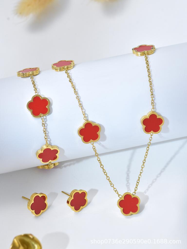 Fashionable Titanium Steel Colorless Five-leaf Flower Necklace Bracelet Earrings Set for Women's Niche High-end Versatile Four-leaf Clover Collarbone
