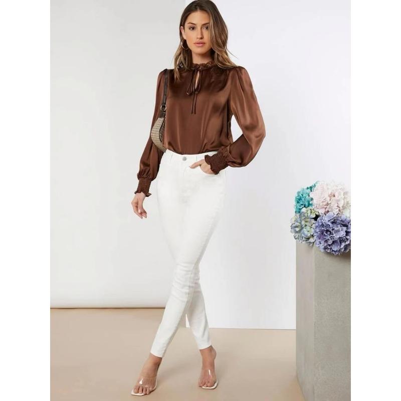 Women's Shirt Spring New Elegant Solid Colour Round Neck Long Sleeve Tie Straight Satin Blouse