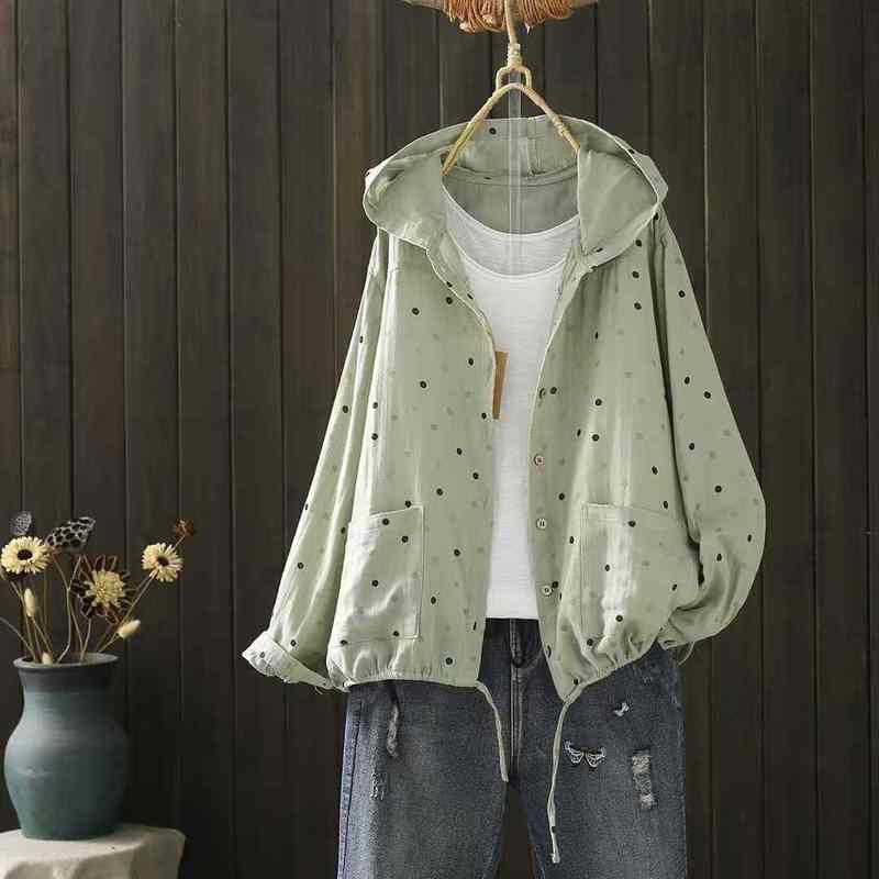 Vintage Polka Dots Print Hoodies Women Double Layers Cotton Yarn Long Sleeve Hooded Cardigan Shirts and Blouses