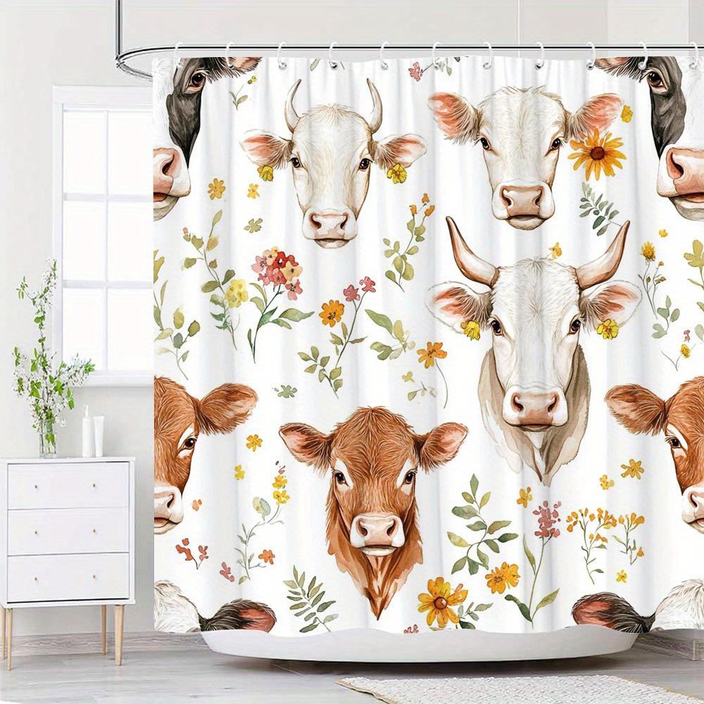 

1Pc Watercolor Cow & Floral Shower Curtain - Vibrant Realistic Design, Polyester, 70X70In, 12 Hooks, Easy Care, All-Season W60H190(CM)-1 Pcs