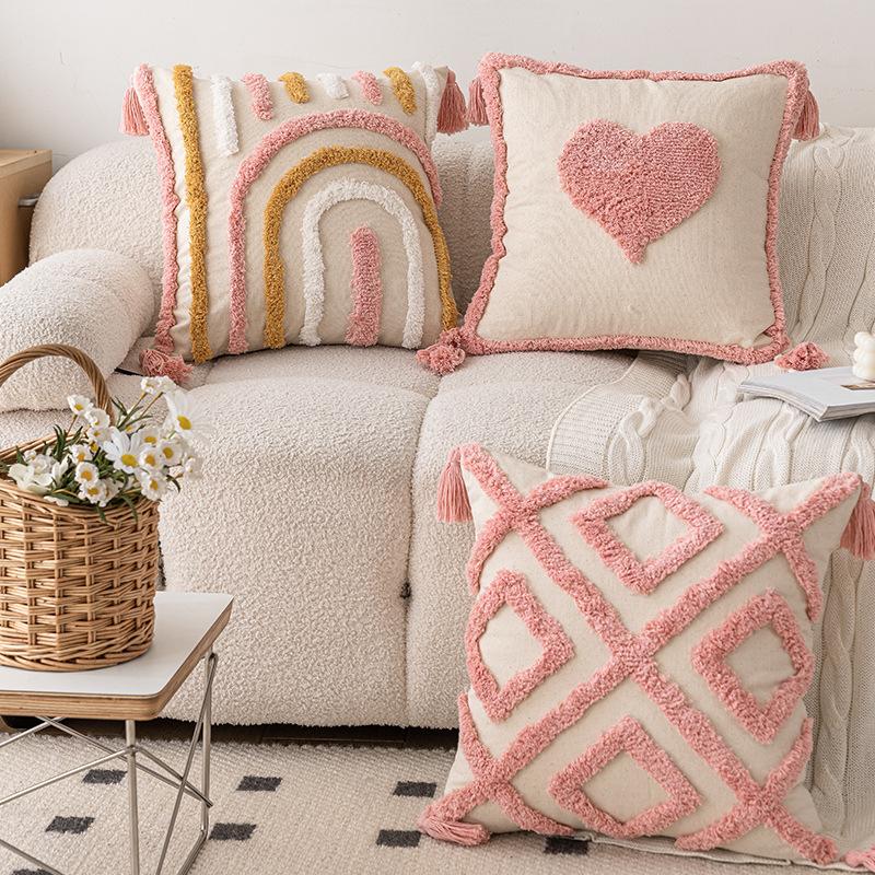 Ins Style Pink Tufted Sofa Pillow New Home Small Fresh Love Style Removable Pillow Pillow Case Combination