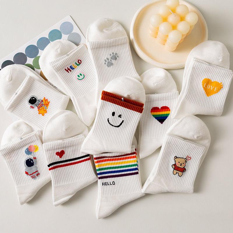 10 Paar Sommersocken für Damen, süße weiße kurze Socken mit japanischem Studenten-Cartoon-Aufdruck