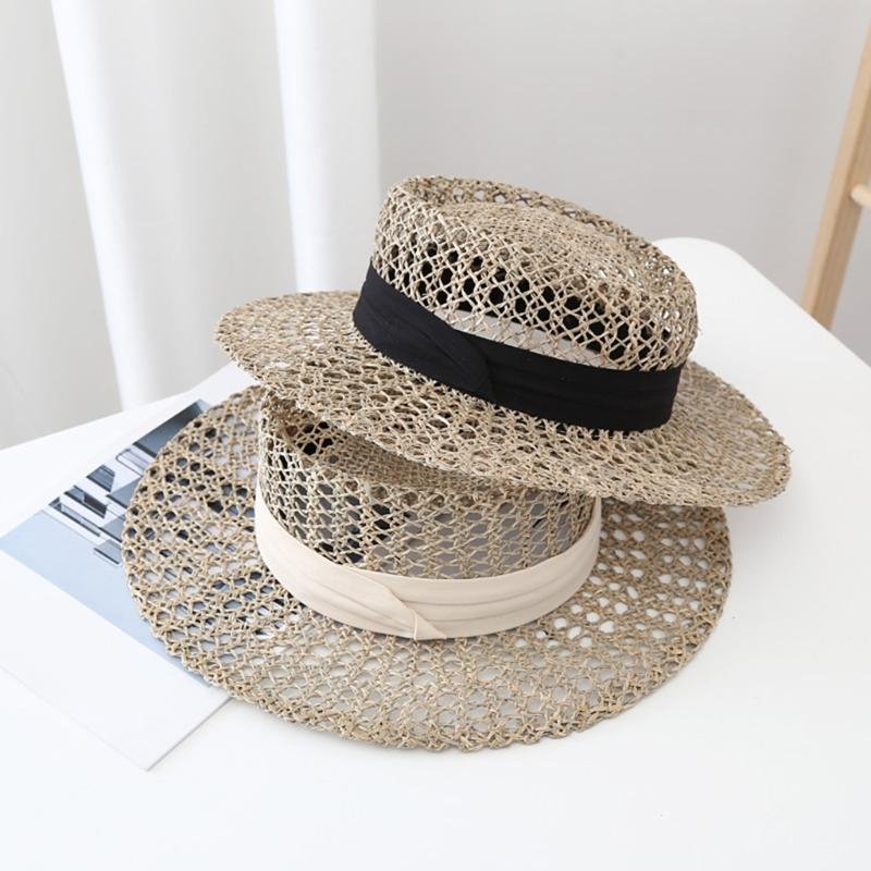Woven Straw Hat Beach Sun Hat Hollows Out Sunhat Stylish Wide Border Hat for Casual Outings