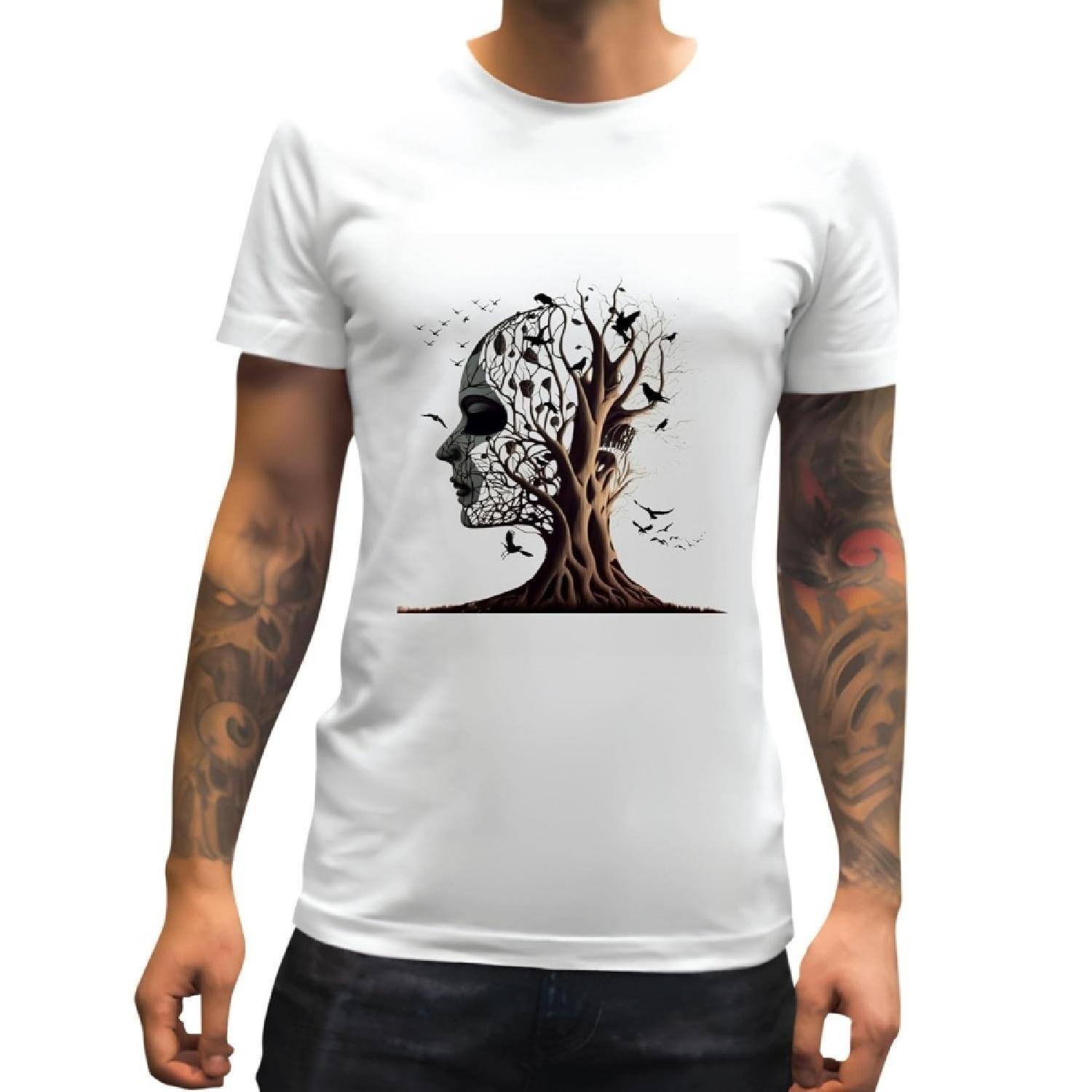 

Gift Idea for Fiction Lovers Human Face Tree Bird Imagine Artwork Men Women White Gray Multicolor T shirt XXXXXL білий