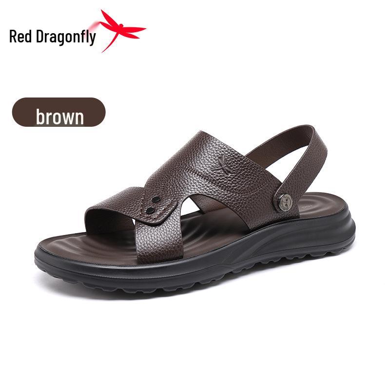 Red Dragonfly Men s Non-slip Genuine Leather Beach Sandals - Summer Wear-Resistant Dad Slippers 38