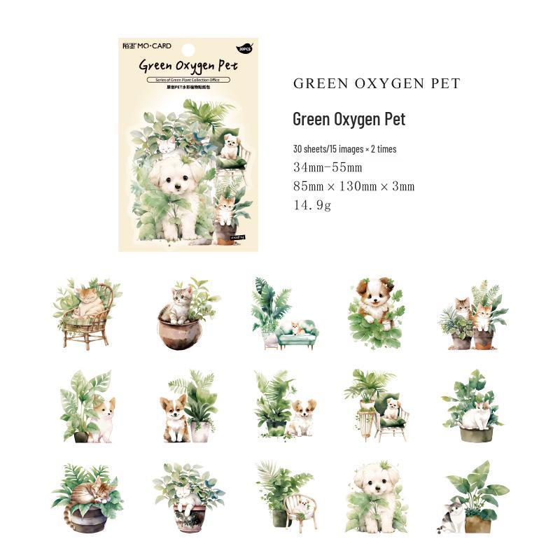 Momo PET White Ink Green Plant Sticker Pack: 30 Sheets, 6 Designs for Journal DIY Decoration