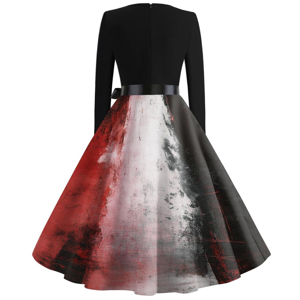 Women's Long Sleeve V Neck Vintage Style Dress with Halloween Print Casual Retro Fit and Flare Midi Dress with Waist Tie for Everyday Wear
