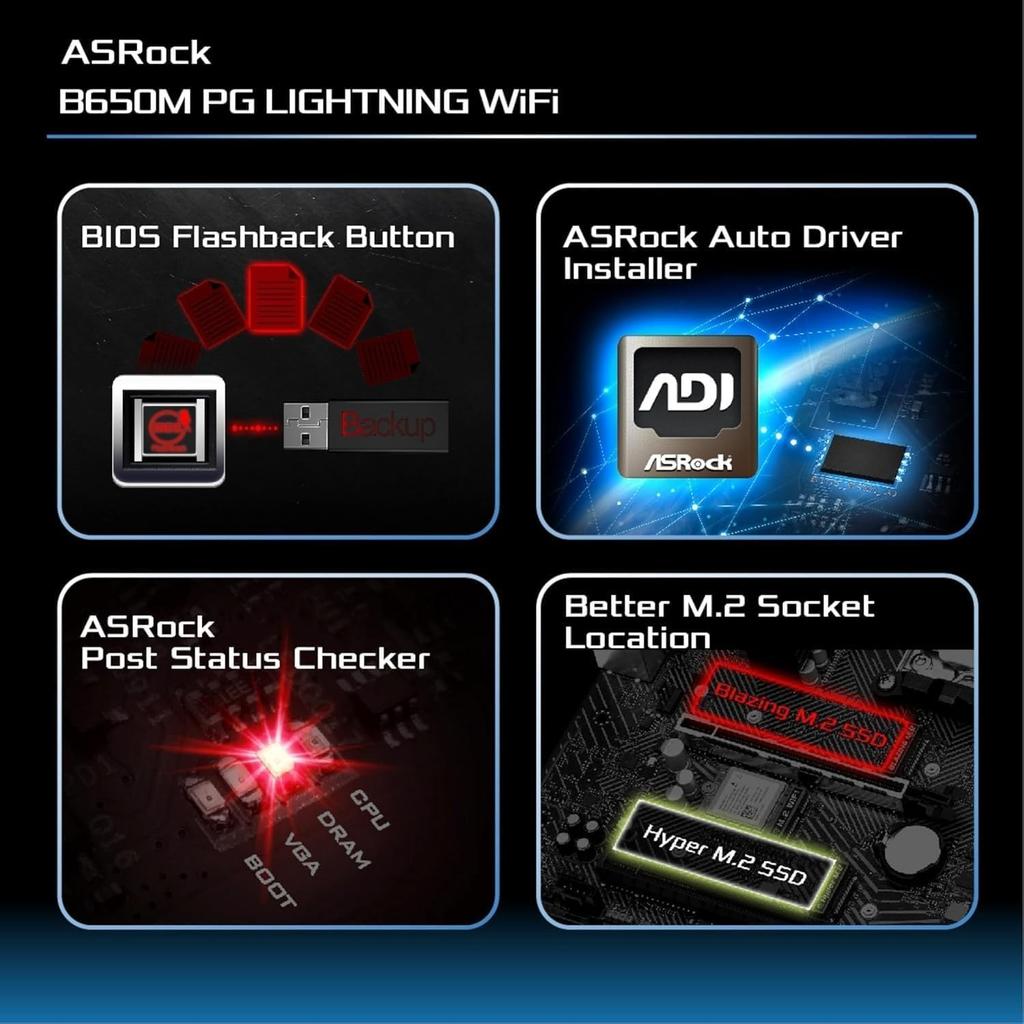 ASRock B650M PG Motherboard with Lightning AMD Ryzen 7000 Series CPU Support B650 Micro ATX Motherboard WiFi, (Socket AM5), Bluetooth, [Used]