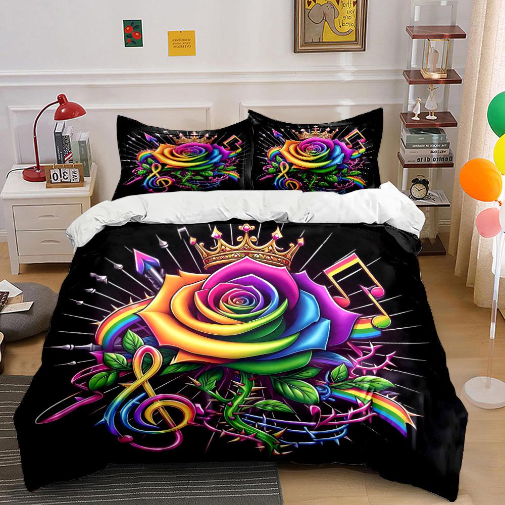 Colorful Rose Musical Decoration Set Soft Skin-Friendly Bedding Set Includes 1 Duvet Cover And 2 Pillowcase Gift