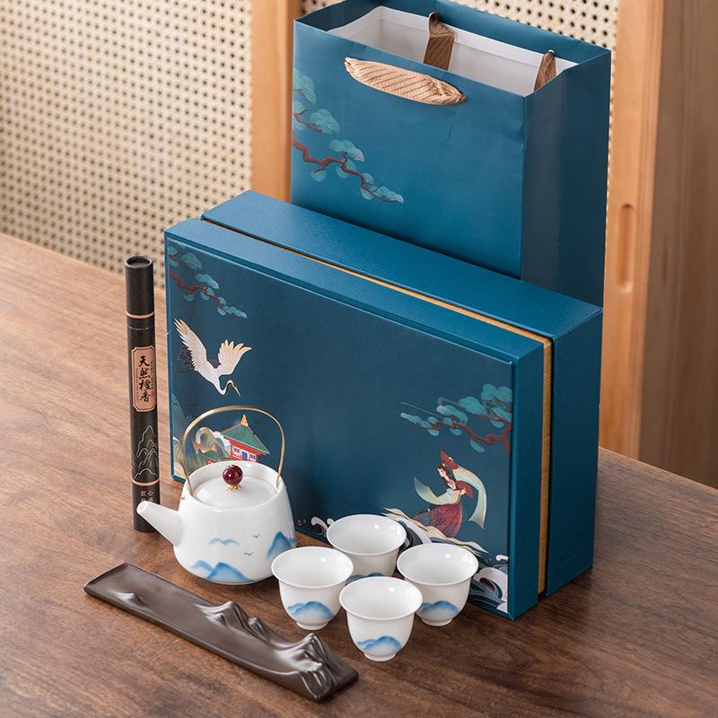 

Suet jade porcelain lifting beam pot Guochao creative enamel color one pot four cups high-end gift box light luxury business gift set