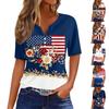Women's Fashion Casual Independence Day Print V-Neck Short Sleeve Button-Up T-Shirt Top