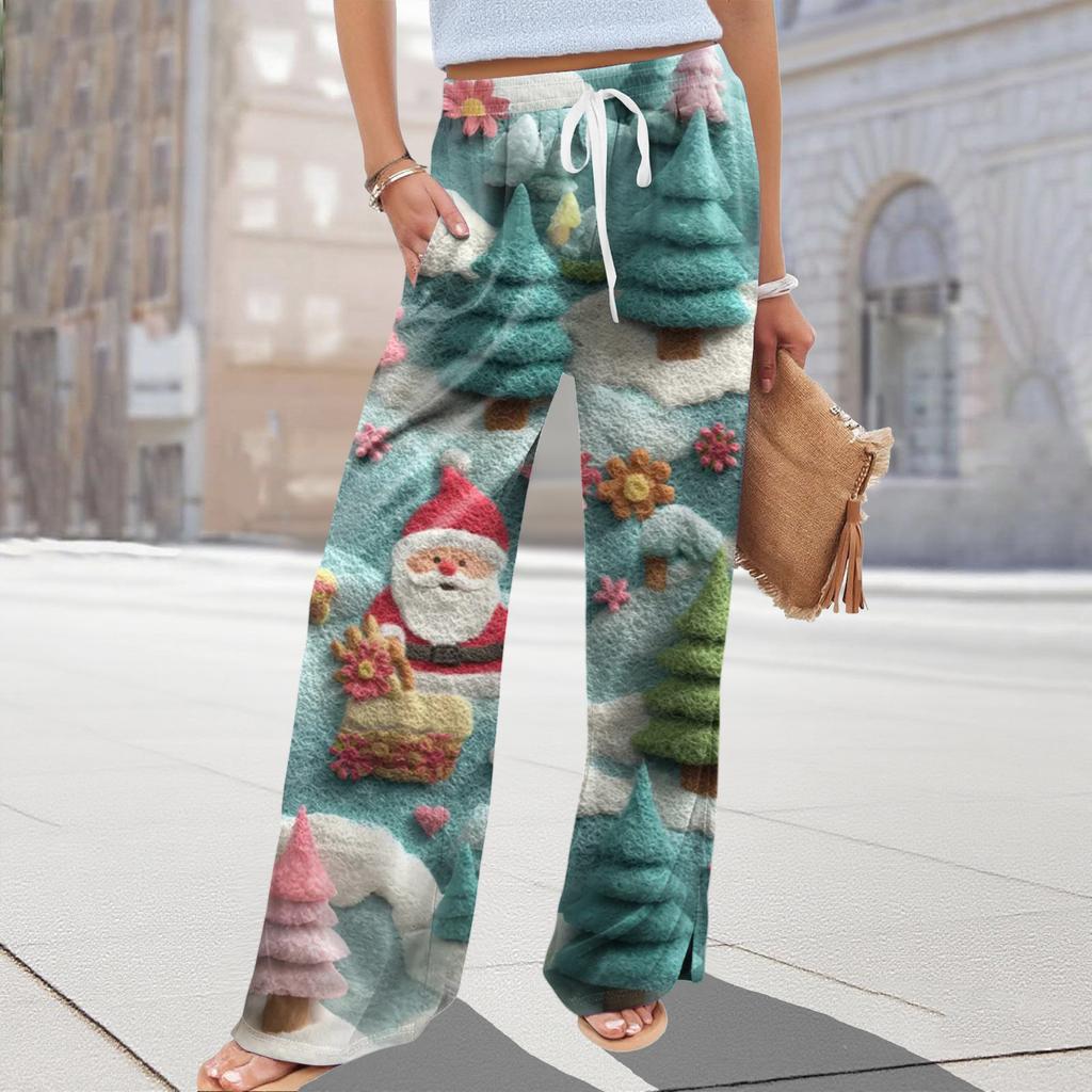 Ladies' Loose And Casual Christmas Printed Wide Leg Pants With Elastic Waistband Drawstring And Pocket Pants