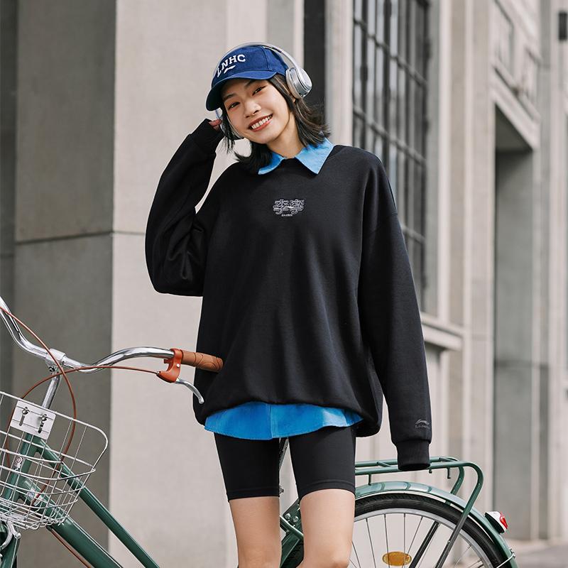 Li-Ning Plain Logo Round Neck Pullover Sweatshirt Unisex sweatshirt Black AWDU793-4